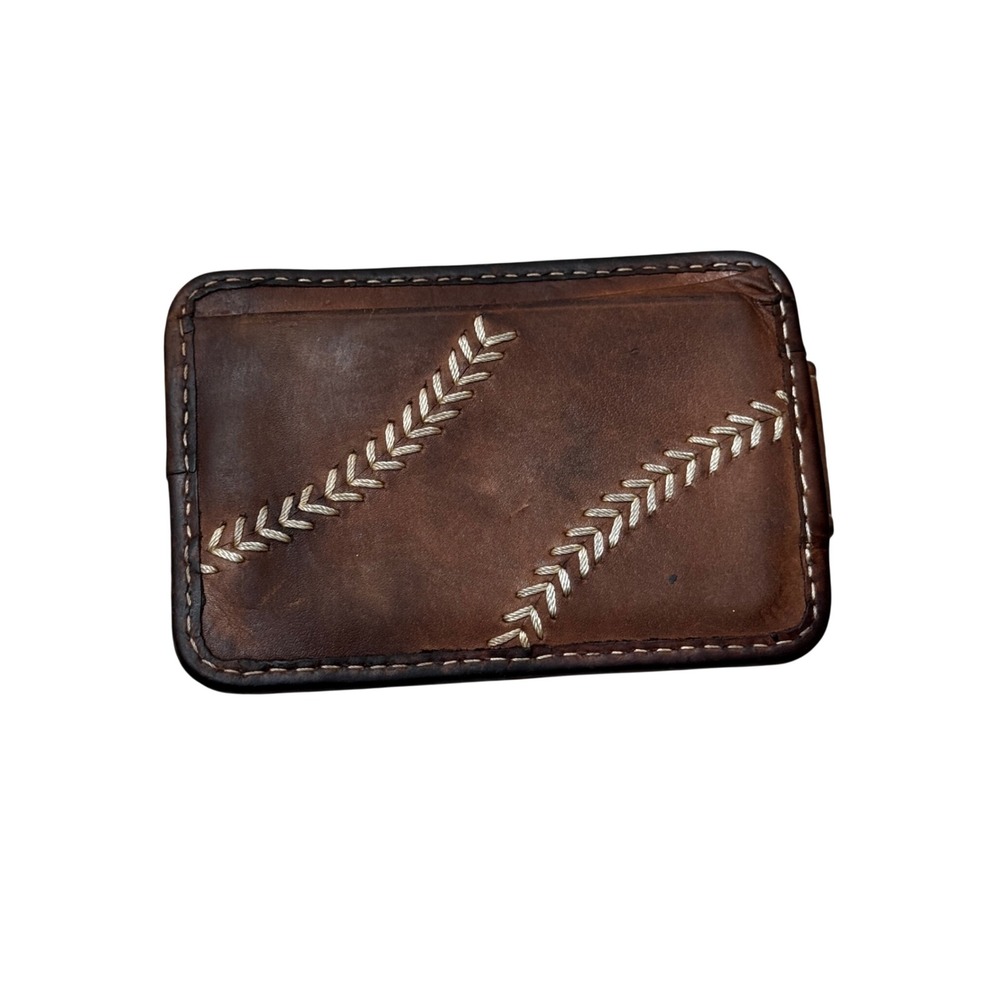 Rawlings Leather Wallet Baseball Stitch Brown Slim Card Holder Magnetic Clip